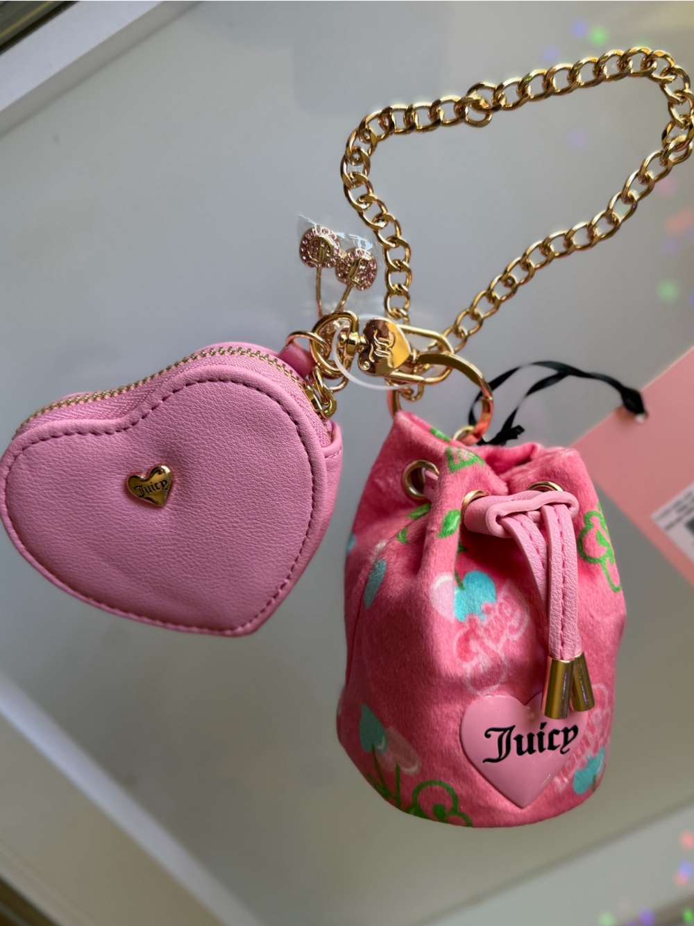 Juicy couture retro juicy cherry draw string bag heart micro bag wristlet Pink